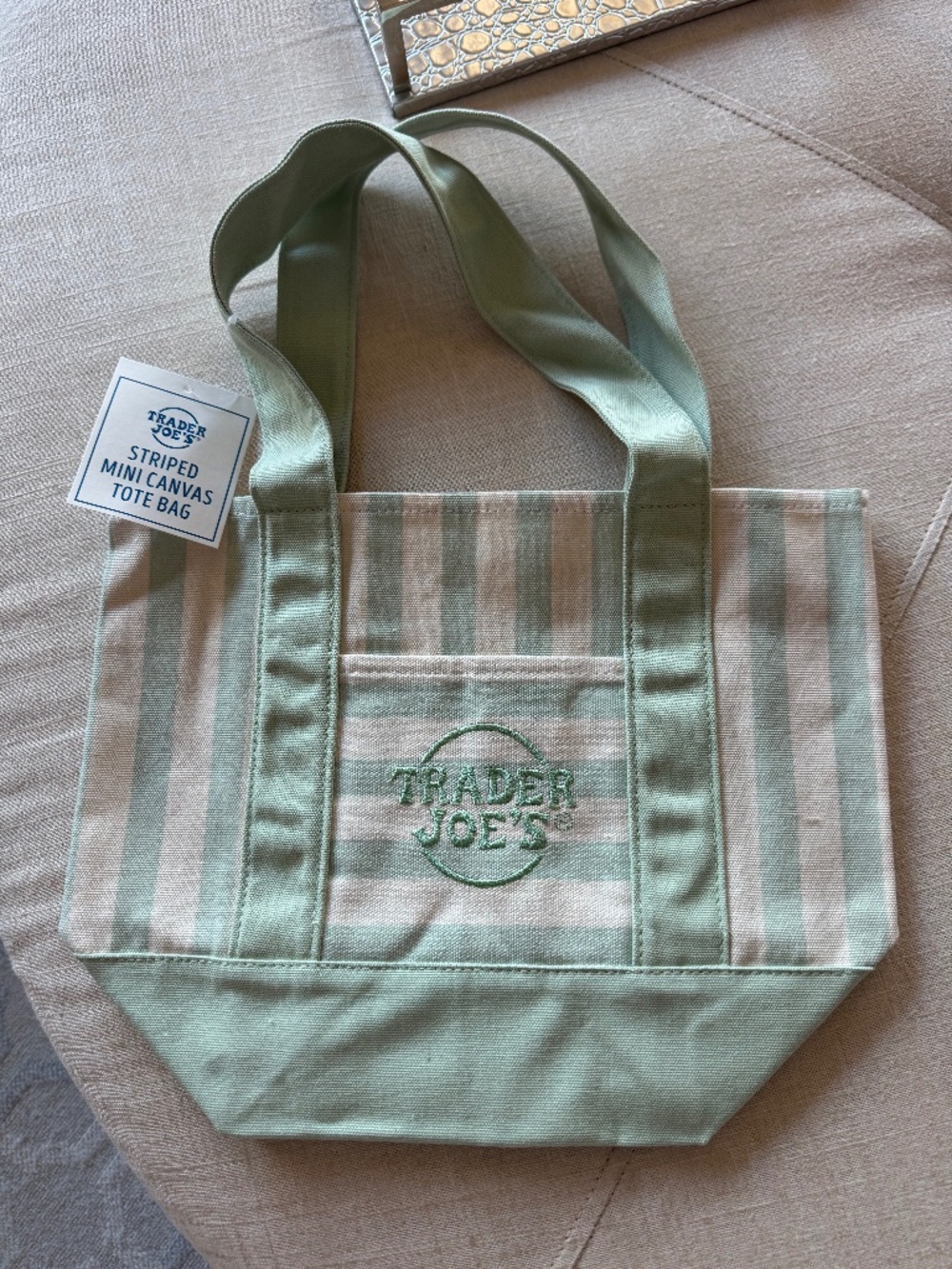 Trader Joe's Mini Tote Bag in Light Green and White Stripe-NWT